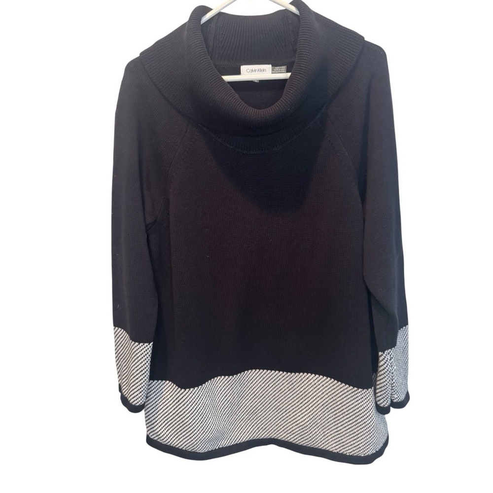 Calvin Klein Womens Black Cowl Neck Colorblock Chevron Knit Sweater XL Capsule